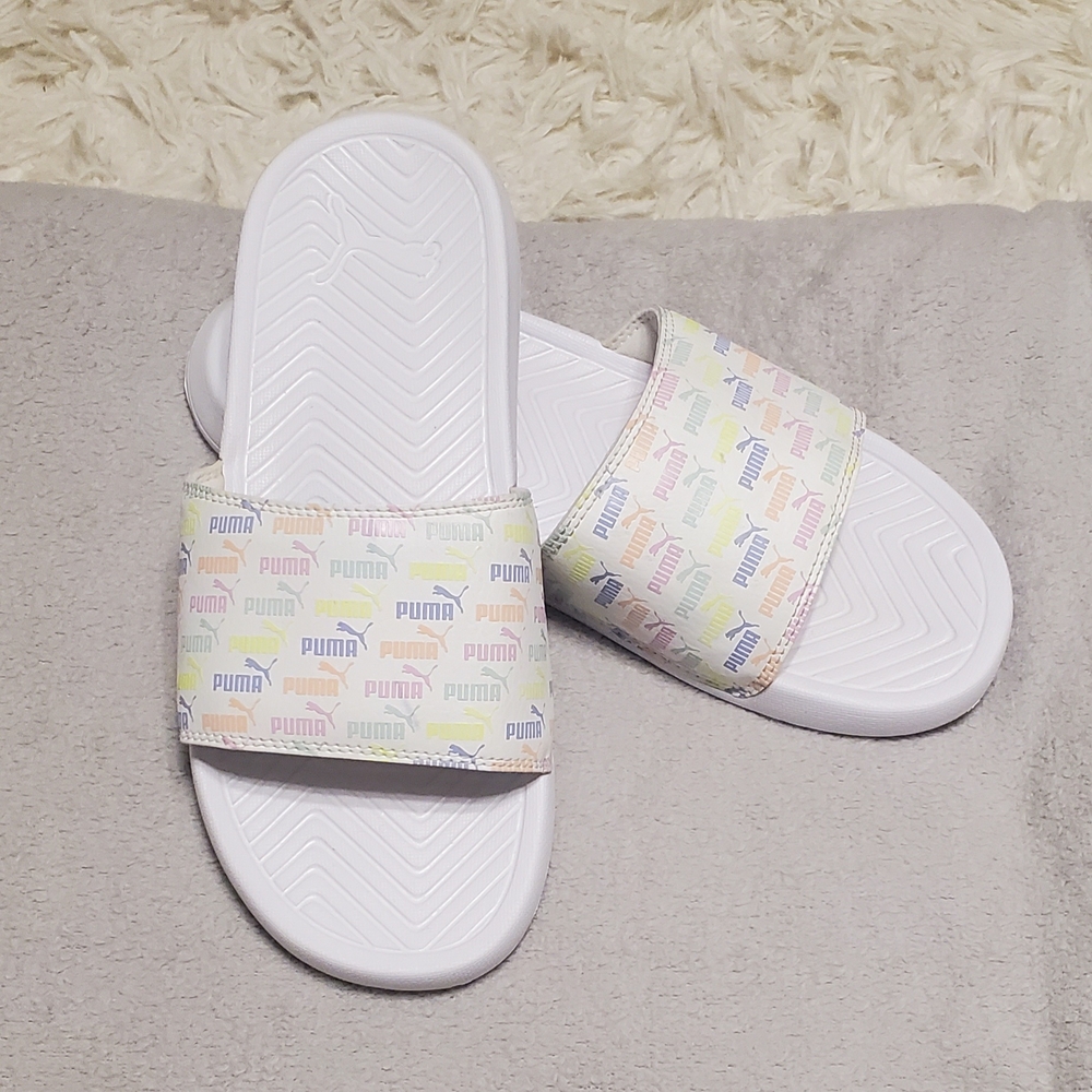 Puma White Slide Sandals with Multicolor Logo, Women's Size 8, Sporty Casual